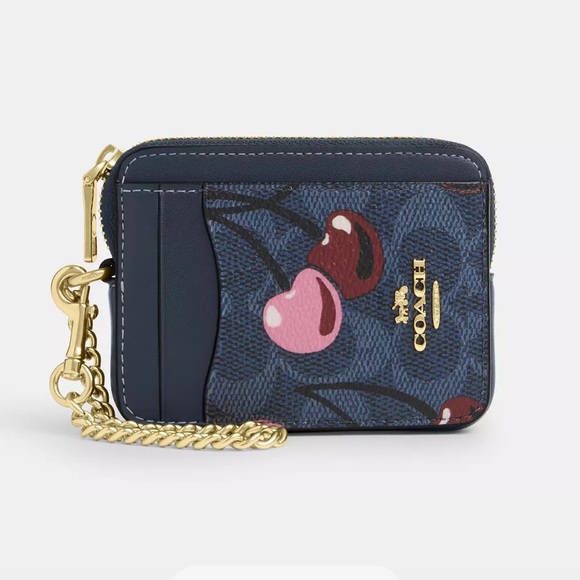 Coach Cherry Print Zip Around Card Case in Denim Blue Gold Hardware CZ468 - Picture 1 of 14